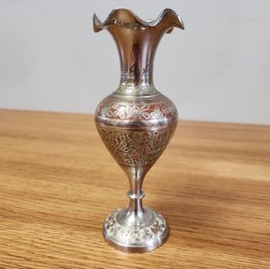 Vintage Enamel Etched Vase Silver Over Brass Made in India